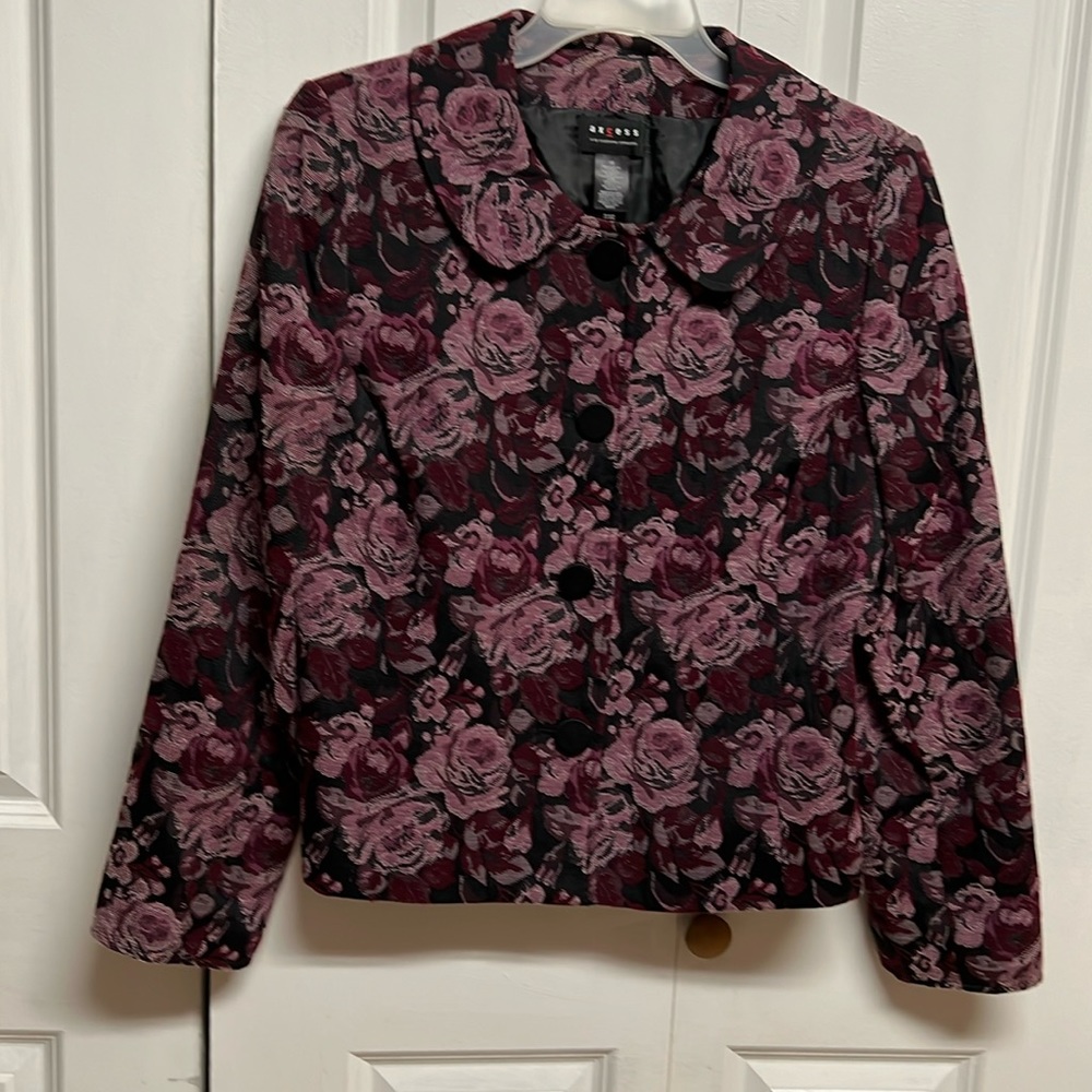 Axcess by Liz Claiborne Black Purple Red Rose Print Woven Blazer Size 16